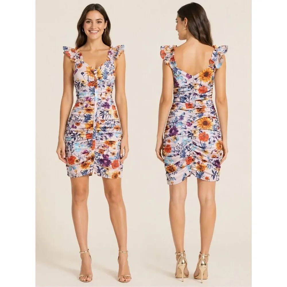 GUESS Floral Ruched Bodycon Dress Size 4 Multicolor Ruffle Sleeve Fitted Mini